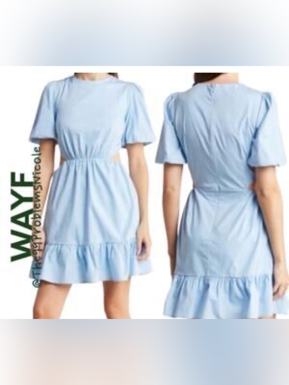 Wayf Powder Blue Short Sleeve Ruffle-Hem Dress